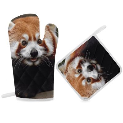Two Piece Polyester Animal Red Panda Printed Oven Mitts and Two Piece Insulated Pan Pads Insulated and Non-Slip for Kitchen Ovens Microwave Grilling.