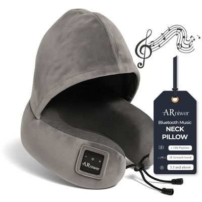 ARniwer Bluetooth Music Semicircular Neck Pillow with Hood Wireless Bluetooth Speaker Suitable Airplane,Car,Office,and Outdoor Camping for Sleeping, Resting The Best Travel Essentials. (Dark Gray)