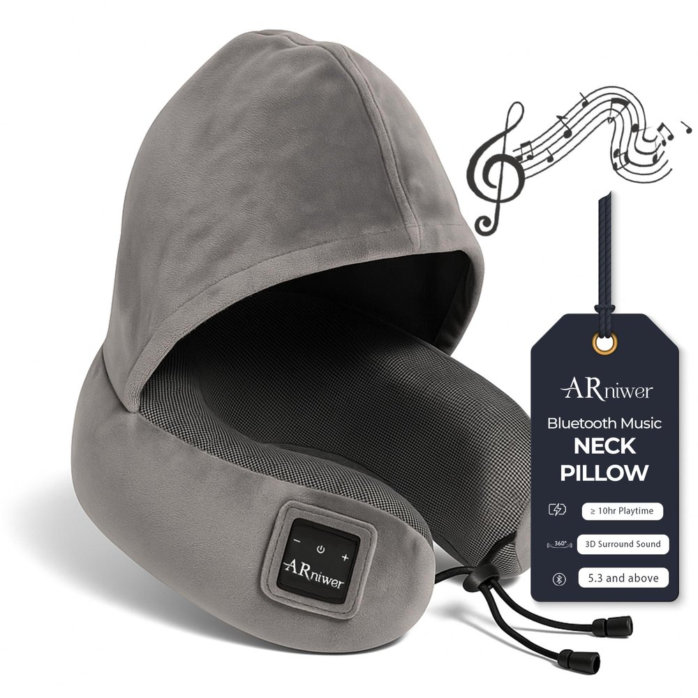 ARniwer Bluetooth Music Semicircular Neck Pillow with Hood Wireless Bluetooth Speaker Suitable Airplane,Car,Office,and Outdoor Camping for Sleeping, Resting The Best Travel Essentials. (Dark Gray)