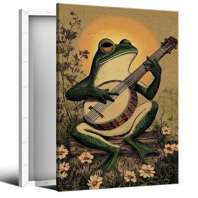 Xianyojafa Frog Playing Banjo Canvas Wall Art, Frog Banjo Poster, Vintage Posters for Room Aesthetic, Retro Cute Animal Pictures Wall Decor, 12x16in Wrapped Canvas