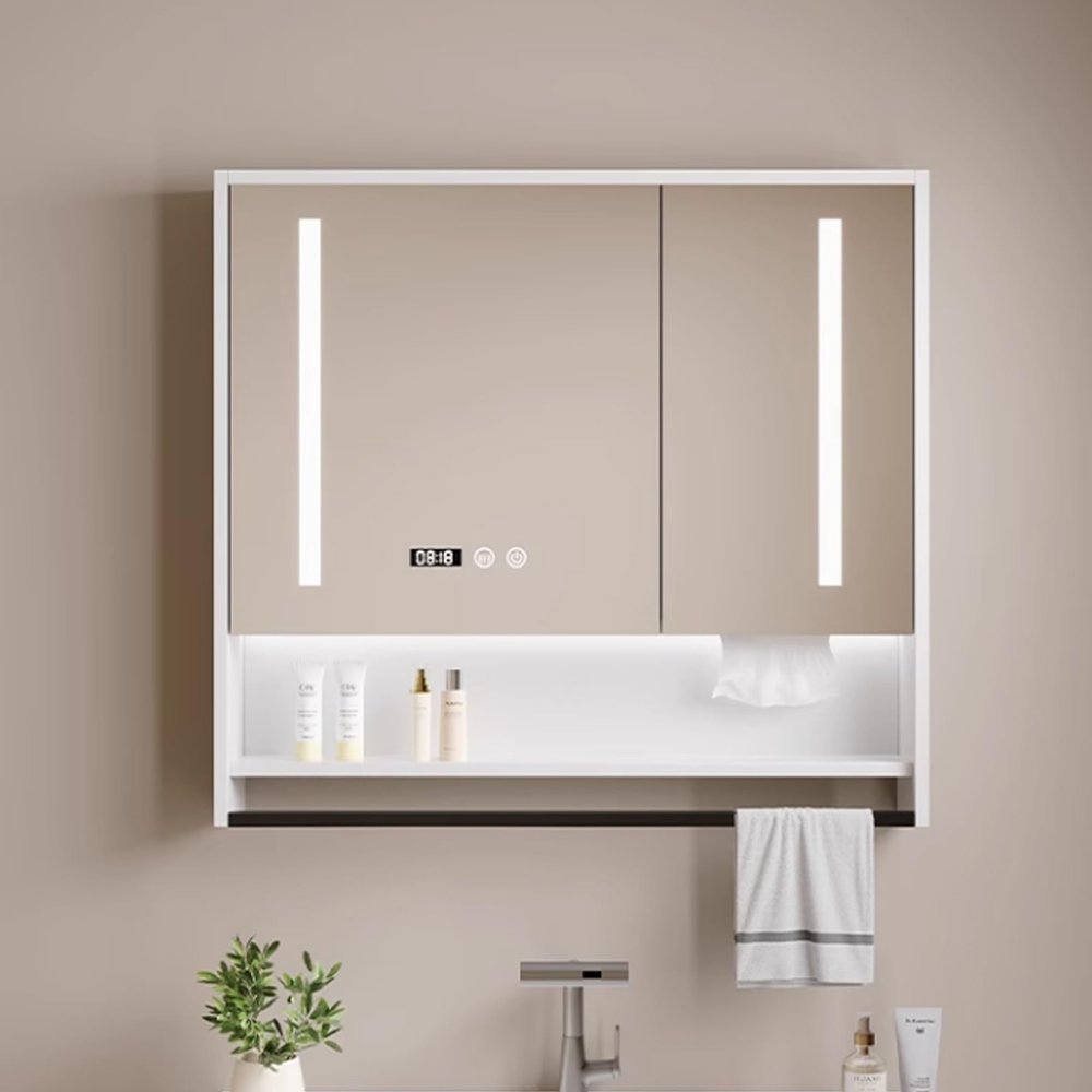 LED Smart Medicine Cabinet with Lights,Bathroom Wall Mount Anti-Fog Mirror Cabinet,Three-color light,Modern Bathroom Storage Wall Cabinet,LED Vanity Mirror Cabinet Time display,Paper hole,Towel bar(Wh