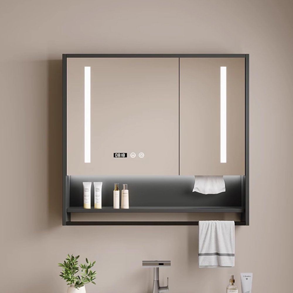LED Smart Medicine Cabinet with Lights,Bathroom Wall Mount Anti-Fog Mirror Cabinet,Three-color light,Modern Bathroom Storage Wall Cabinet,LED Vanity Mirror Cabinet Time display,Paper hole,Towel bar(Gr