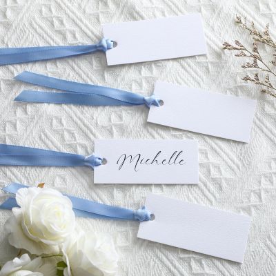 Humyoun 50 Pcs Name Place Cards for Table Setting Blank Wedding Place Cards with Satin Ribbon 1.57 x 3.54 Inch Hanging Gift Tags for Wedding Dinner Banquet Party Table Setting Supplies(Blue)