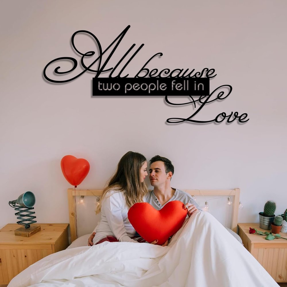 All Because Two People Fell In Love Sign,Metal Love Wall Decor, Lovers Sign Hanging, Bedroom Wall Decor for Couples, Valentine Art, Metal Wall Art for Living Room, Badroom (Black, 53"x25" | 135x64cm, metal wall art)