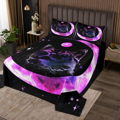 Manfei Cute Cat Kids Bedspread King Size, Purple Moon Coverlet Set for Boys Girls Room Decor, Black Starry Kawaii Animal Quilted Coverlet with 2 Pillowcases, Soft Polyester Bedding Quilt