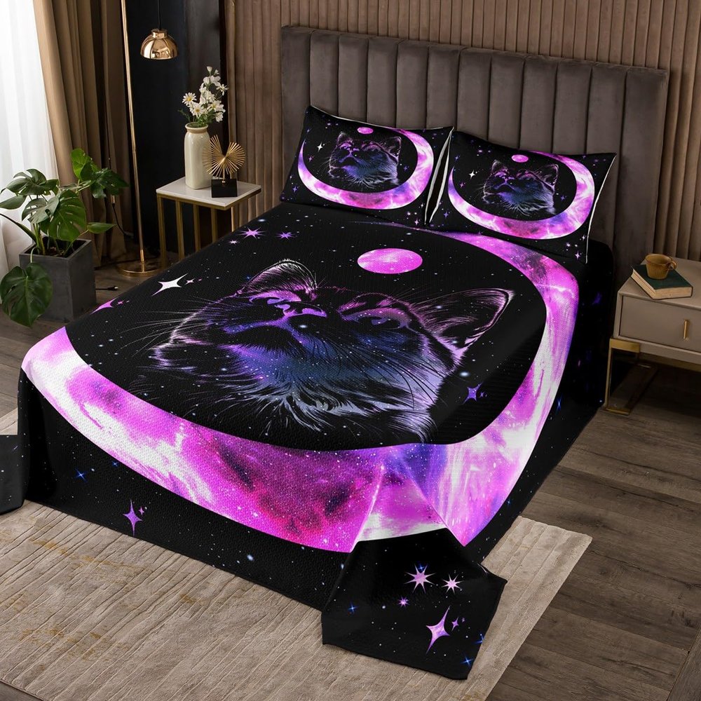 Manfei Cute Cat Kids Bedspread King Size, Purple Moon Coverlet Set for Boys Girls Room Decor, Black Starry Kawaii Animal Quilted Coverlet with 2 Pillowcases, Soft Polyester Bedding Quilt