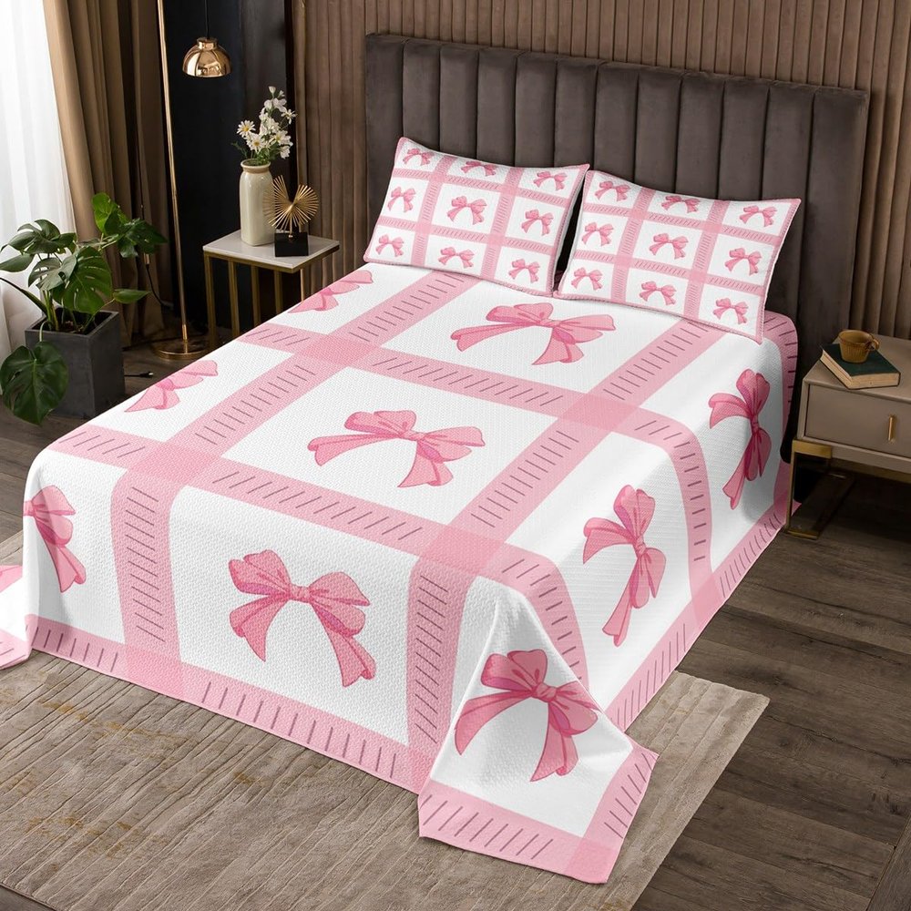 Manfei Kids Pink Bow Bedspread King Size, Cartoon Bowknot Coverlet Set for Girls Princess Room Decor, Pink Plaid Print Quilted Coverlet with 2 Pillowcases, Soft Polyester Bedding Quilt