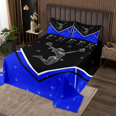 Manfei Cheer Kids Bedspread King Size, Cheerleader Lover Coverlet Set for Boy Girls Room Decor, Black Blue Cheerleading Quilted Coverlet with 2 Pillowcases, Soft Polyester Bedding Quilt