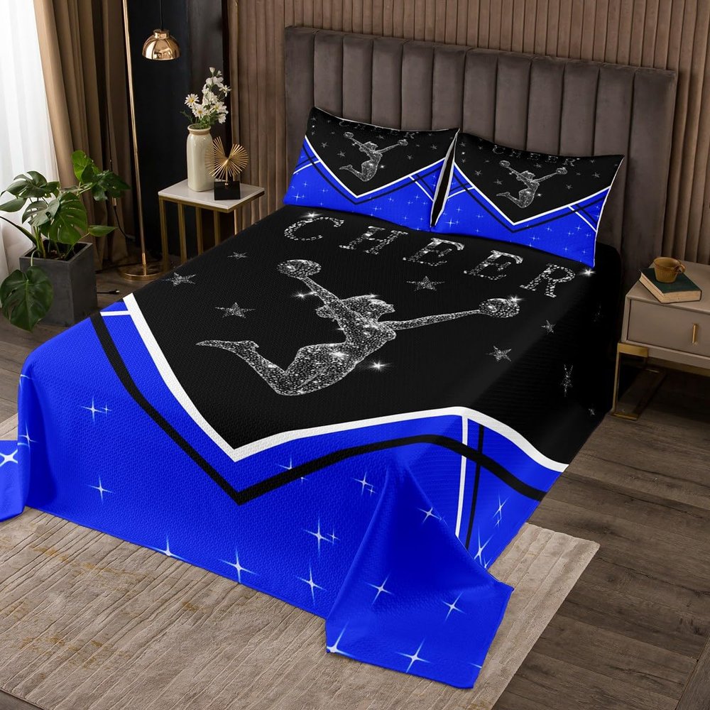 Manfei Cheer Kids Bedspread King Size, Cheerleader Lover Coverlet Set for Boy Girls Room Decor, Black Blue Cheerleading Quilted Coverlet with 2 Pillowcases, Soft Polyester Bedding Quilt