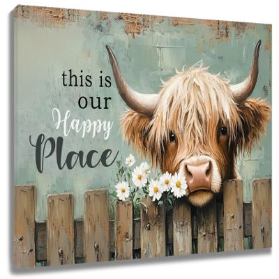 MEUNEAR Farmhouse Cow Wall Art Funny Western Wild Animal Cow and Flower Pictures Wall Decor Rustic Vintage Wood Framed Canvas Wall Art for Living Room Bedroom Bathroom Home Decor,8L X 10W inches