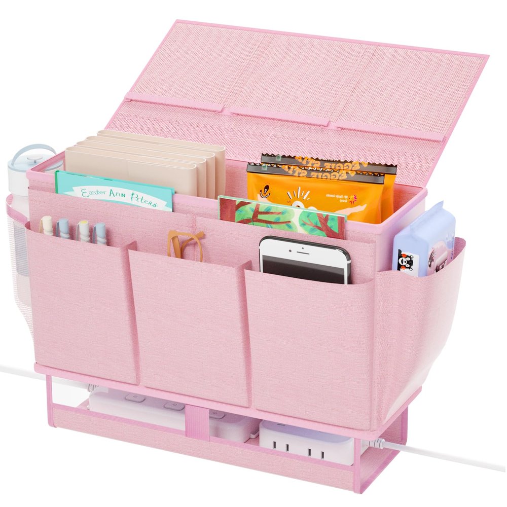 Frjjthchy Bedside Caddy Bedside Organizer,Bed Caddy with 11 Pockets and Power Strip Holder,Versatile Bedside Storage Caddy for Home,Dorm,Bunk,Hospital,Crib Bed (Pink)