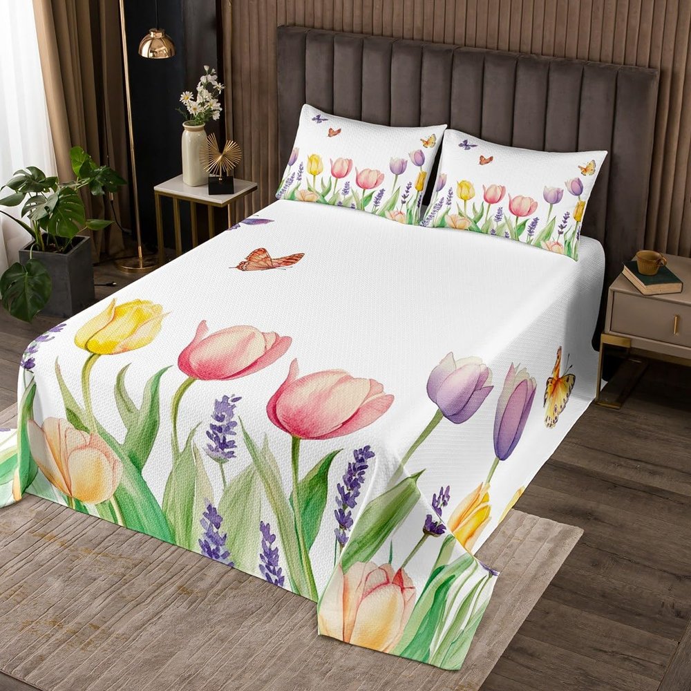 Feelyou Tulip Bedspread Twin Size Kids Floral Flower Coverlet Set for Boys Girls Teens Blossom Flowers Pattern Quilted Coverlet Breathable Natural Theme Quilted Quilt for Bedroom Living Room