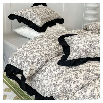 1.2/1.5/1.8/2.0M Duvet Cover French Retro 3/4PCS Cotton Sheets Black White Lace Quilt Cover Bedding Set Home Textile,Bed