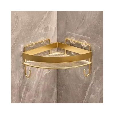 ZSG642KGF Bathroom Shelf Corner Shower Caddy, Adhesive Wall Mounted with Hooks, No Drill Triangle Acrylic Shower Organizer with Metal Fence, Modern Style, Gold Finish