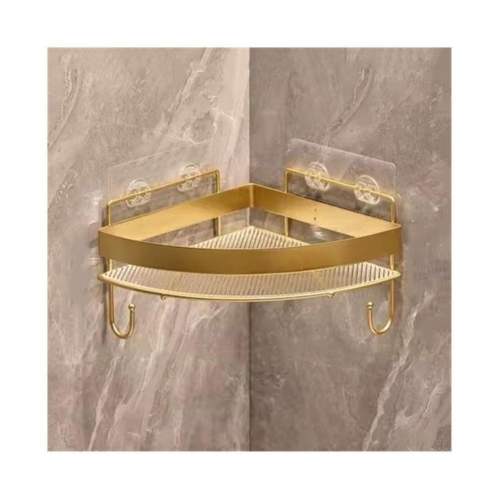 ZSG642KGF Bathroom Shelf Corner Shower Caddy, Adhesive Wall Mounted with Hooks, No Drill Triangle Acrylic Shower Organizer with Metal Fence, Modern Style, Gold Finish