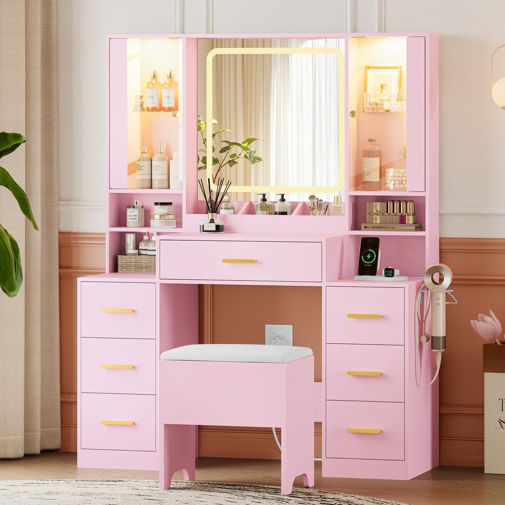 HUANLEGO Makeup Vanity Desk with Mirror and Lights, Pink Vanity Mirror with Lights Desk with Chair & LED Glass Cabinet, Vanity Set with Lighted Mirror & Power Outlet, Dressing Table with 7 Drawers