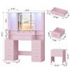 HUANLEGO Makeup Vanity Desk with Mirror and Lights, Pink Vanity Mirror with Lights Desk with Chair & LED Glass Cabinet, Vanity Set with Lighted Mirror & Power Outlet, Dressing Table with 7 Drawers view 2