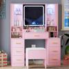 HUANLEGO Makeup Vanity Desk with Mirror and Lights, Pink Vanity Mirror with Lights Desk with Chair & LED Glass Cabinet, Vanity Set with Lighted Mirror & Power Outlet, Dressing Table with 7 Drawers view 3
