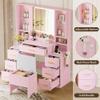 HUANLEGO Makeup Vanity Desk with Mirror and Lights, Pink Vanity Mirror with Lights Desk with Chair & LED Glass Cabinet, Vanity Set with Lighted Mirror & Power Outlet, Dressing Table with 7 Drawers view 4
