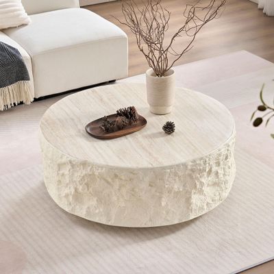 35.43'' Fiberglass Coffee Tables for Living Room,Round Center Table Imitation Stone Table,Vintage Side Modern Coffee Tables for Office Apartment,No Need Assembly-Beige