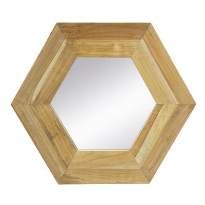18.5" Hexagon Teak Wood Wall Mirror, Modern Vanity Mirror for Bathroom Living Room