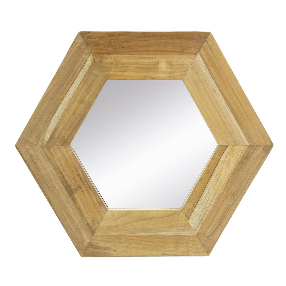 18.5" Hexagon Teak Wood Wall Mirror, Modern Vanity Mirror for Bathroom Living Room