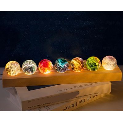4cm Crystal Chakra Balls Colorful Glass Crystal Ball with LED Light Wooden Stand Glowing Crystal Ball for Home Living Room Space Night Light Decoration(7 disc Bases)