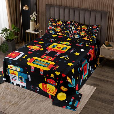 Cute Robot Kids Bedspread Queen Size,Intelligent Machine Mechanical Tools Coverlet Set,Boys Girls Room Decor,Watercolor Stars Love Heart Quilted Coverlet,Black Bedding Quilt,2 Pillowcases