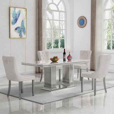 5 Piece Dining Table Set with 4 Fabric Dining Chairs,Luxury Faux Marble Dining Table and Chair Set for 4, White Marble Dining Room Table Set w/Silver Pedestal, 70in Dining Kitchen Table Set for 4