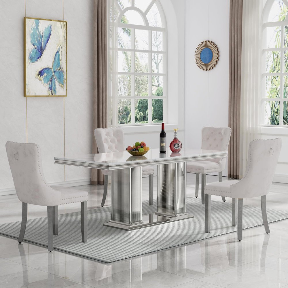 5 Piece Dining Table Set with 4 Fabric Dining Chairs,Luxury Faux Marble Dining Table and Chair Set for 4, White Marble Dining Room Table Set w/Silver Pedestal, 70in Dining Kitchen Table Set for 4