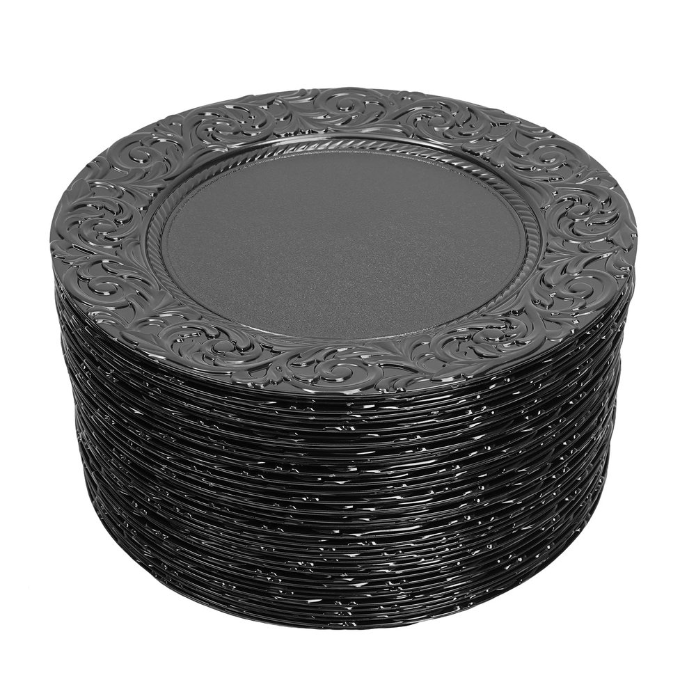 100Pcs Charger Plates Bulk with Floral Pattern, 13" Round Floral Plates Embossed Rim Plastic Charger Plate Decorative Round Plate Chargers for Dinner Wedding Party Event Tabletop Setting Decor Black