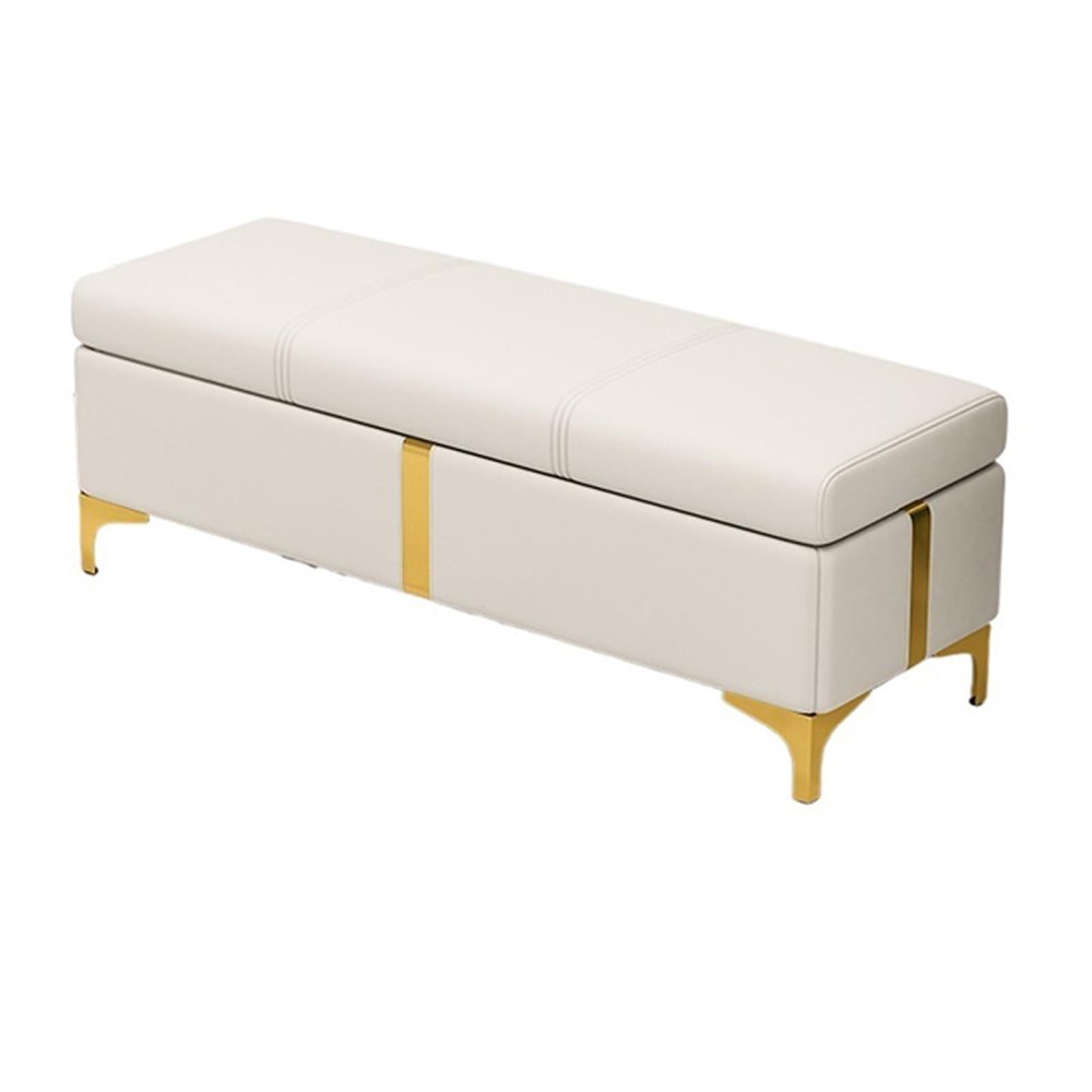 Bedroom Storage Bench, Storage Benches for Entryway, Bench for Living Room, Stable and Durable Wooden Frame, Load-bearing Iron Feet Support, PU Fabric, Suitable for Bedroom and Living Room(White,100*4