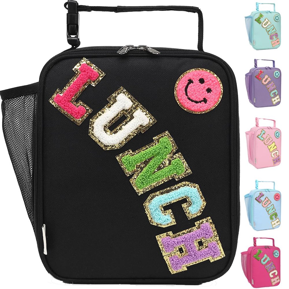 GYEUKHAM Insulated Lunch Bag for Women Girl Teen large Insulated Kid Lunch Bag,Large Reusable Cute Cooler Bag for School Work Picnic,Black Alphabet