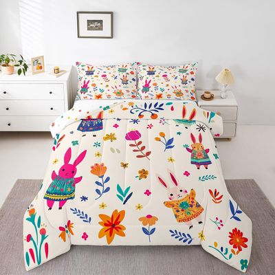 Erosebridal Cute Rabbit Toddler Bedding Set,Cartoon Bunny Floral Comforter Set for Kids Child Teens,Funky Wildflower Duvet Insert,Woodland Animals Reversible Kawaii Quilt Set Room Decor,2 Pcs