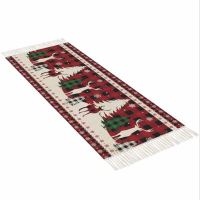 Tassel Hand Woven Area Rug Christmas Red Black Plaid Reindeer Xmas Tree Silhouette Entryway Rugs Washable Throw Mat,Tassel Carpets for Livingroom Kitchen Bedroom Dorm Decor 2x4 Ft