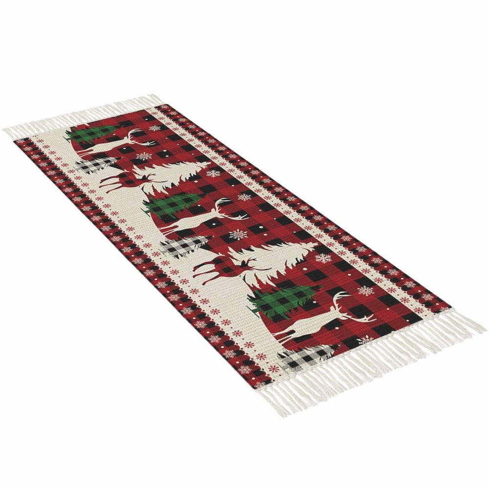 Tassel Hand Woven Area Rug Christmas Red Black Plaid Reindeer Xmas Tree Silhouette Entryway Rugs Washable Throw Mat,Tassel Carpets for Livingroom Kitchen Bedroom Dorm Decor 2x4 Ft