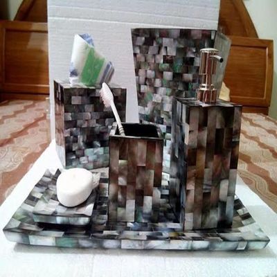 Black Mother of Pearl Bath Set I Mother of Pearl (MOP) Bathroom Accessories I Royal Bathroom Kit I Set of 6 Piece Bath Decor Set I Mother of Pearl Dustbin Box I Toothbrush Holder