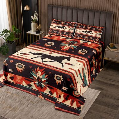 Manfei Horse Bedspread Queen Size, Boho Feather Exotic Coverlet Set, Farmhouse Animals Quilted Coverlet with 2 Pillowcases, Kids Boys Girls Room Decor, Soft Polyester Bedding Quilt
