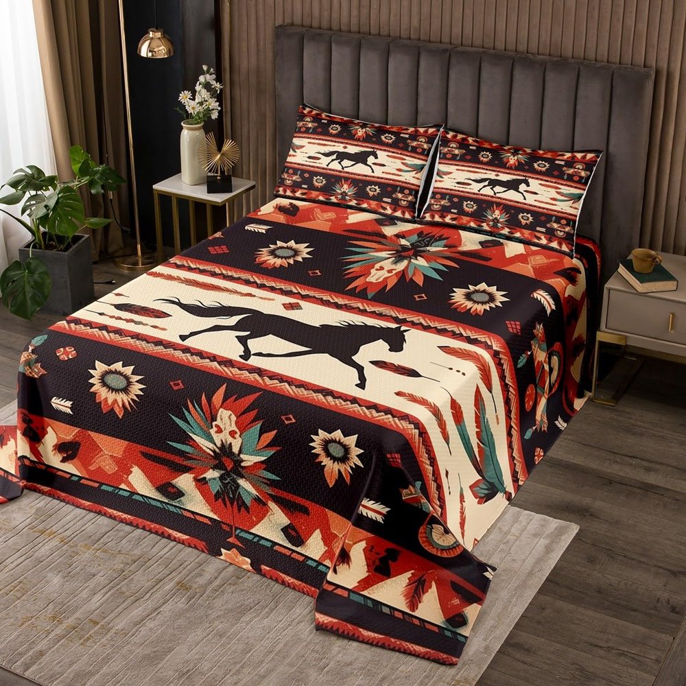 Manfei Horse Bedspread Queen Size, Boho Feather Exotic Coverlet Set, Farmhouse Animals Quilted Coverlet with 2 Pillowcases, Kids Boys Girls Room Decor, Soft Polyester Bedding Quilt