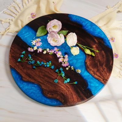 16" Live Edge Epoxy Resin Lazy Susans, Round Wooden Rotating Display Stand, Wooden Rotating Tray Organizer, 16 "W x 1 "H x 16 "D, Resin Lazy Susans Turntable for Dining Table (Blue)