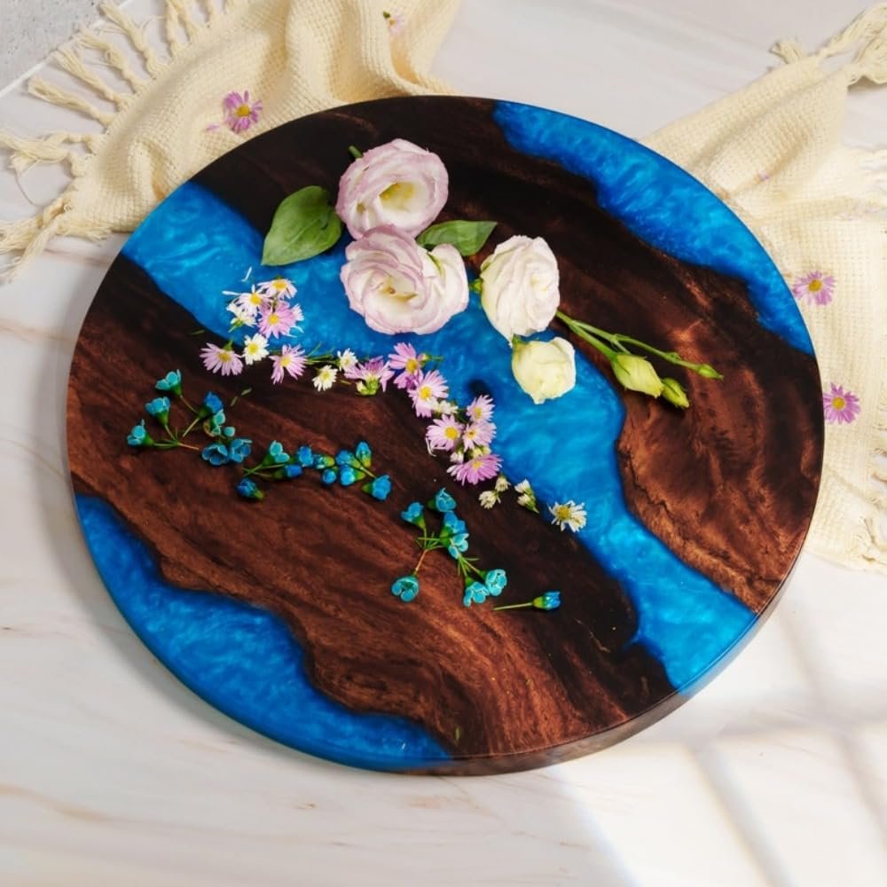 16" Live Edge Epoxy Resin Lazy Susans, Round Wooden Rotating Display Stand, Wooden Rotating Tray Organizer, 16 "W x 1 "H x 16 "D, Resin Lazy Susans Turntable for Dining Table (Blue)
