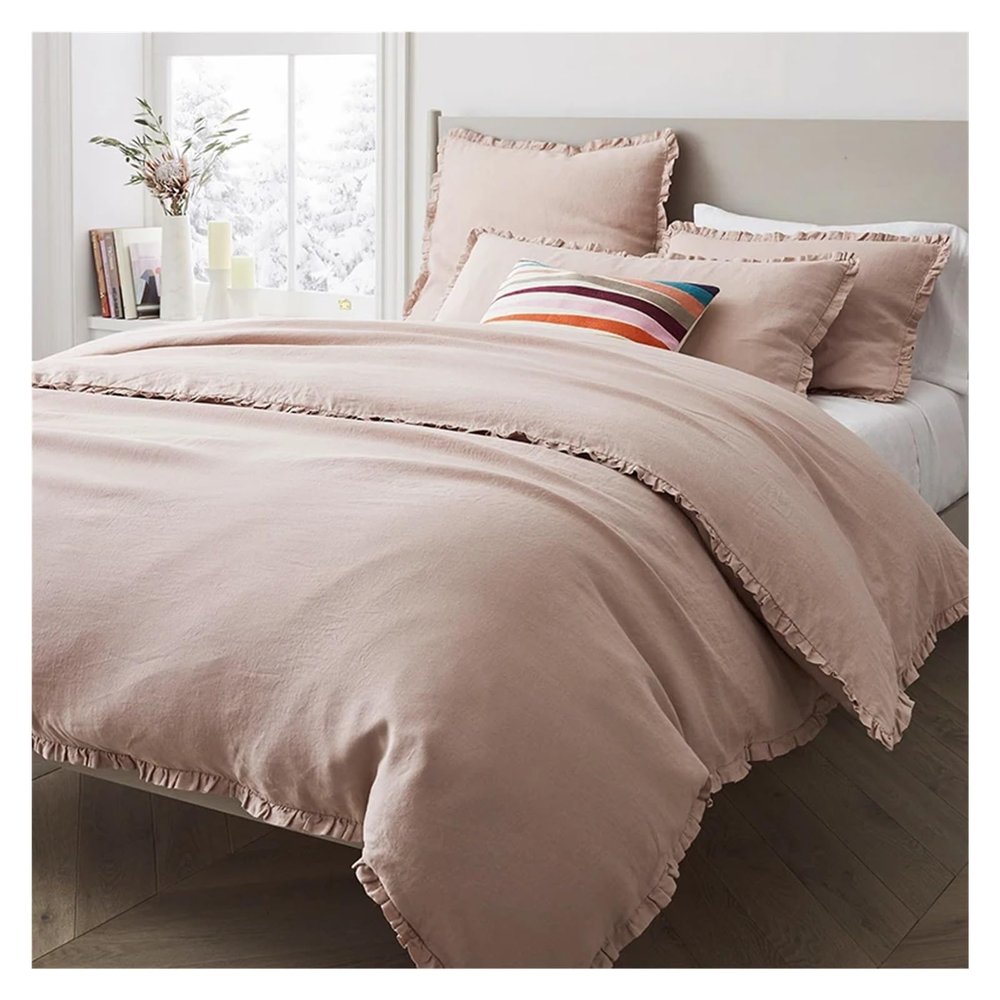 Linen Ruffle Bedding Sets, 4PCS Queen King Size Duvet Cover Sets, Caramal Bed Cover Set with Pillowcase Sheet Quilt Cover,Bed
