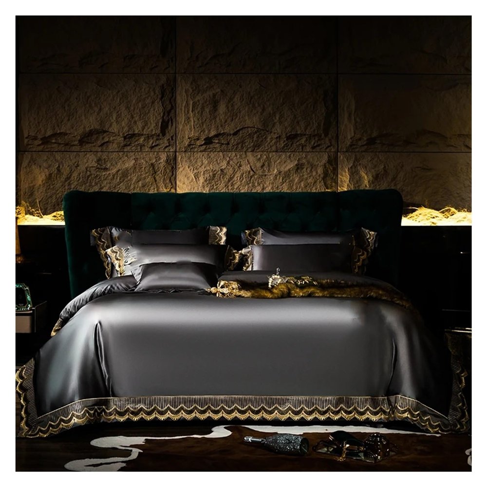 4Pcs Satin Like Silk and Cotton Embroidery Duvet Cover Set Double Queen King Size Luxury Bedding Set Flat Sheet Pillow Shams,Bed