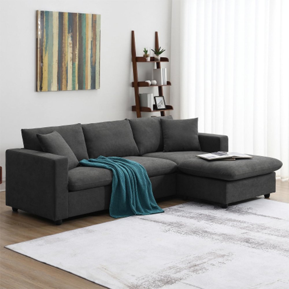 100" L-Shape Reversible Sectional Sofa with Convertible Ottoman, Furniture Sleeper Corner Couch with 2 Free Pillows, Modern Upholstered Sectional Couches for Living Room, Apartment, Office (Grey)