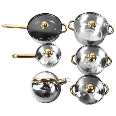 12Pcs Stainless Steel Kitchen Pots with Golden Handles Cookware Set for Gas Electric Induction Home Cooking