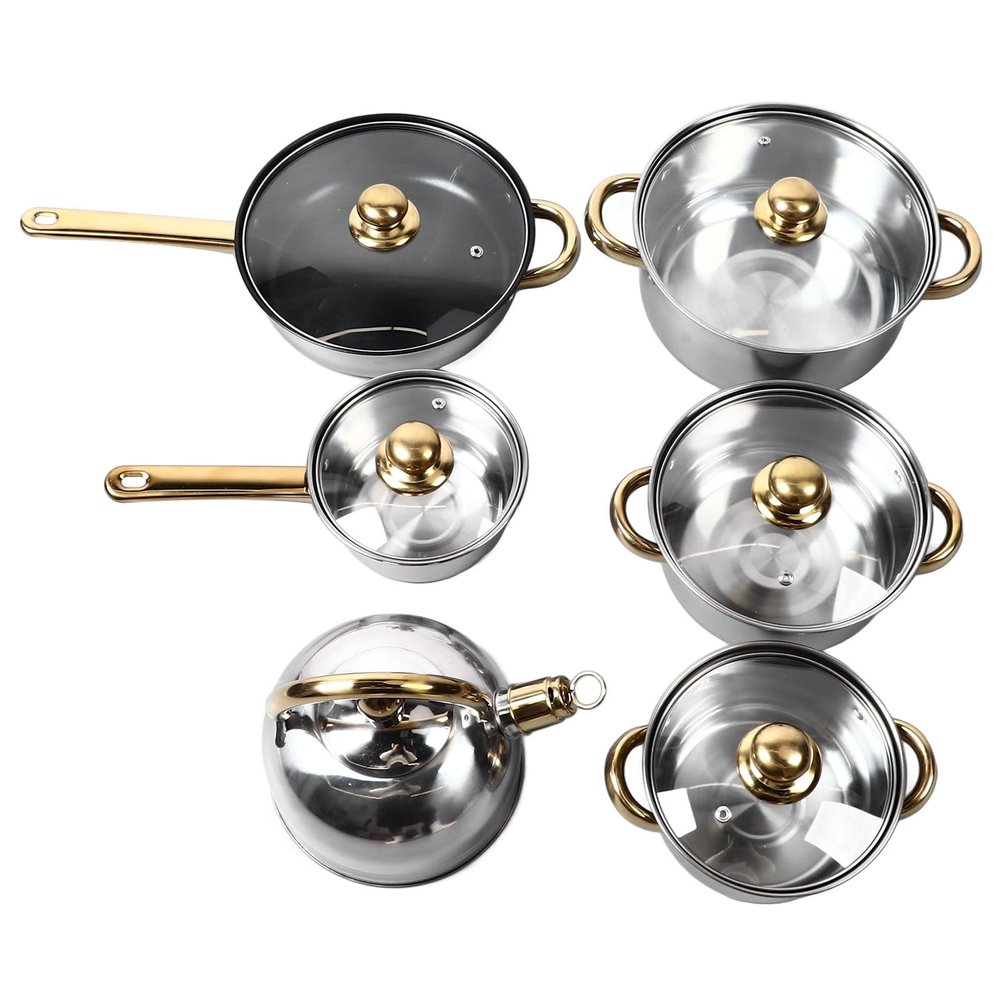 12Pcs Stainless Steel Kitchen Pots with Golden Handles Cookware Set for Gas Electric Induction Home Cooking