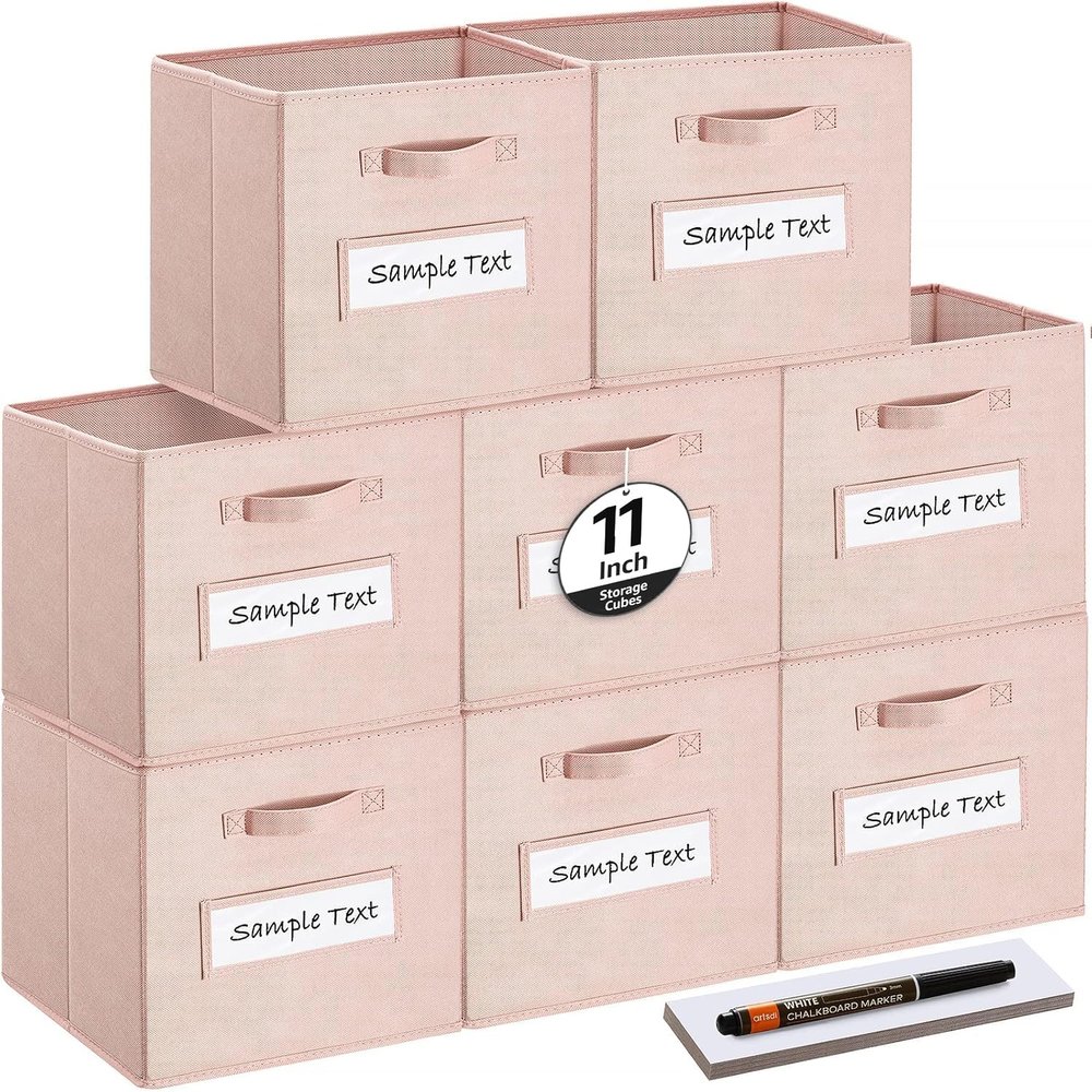 artsdi Fabric storage cubes (Set of 8) 11 Inch Cube Storage Bin, Cube storage with 8 Labels Window Cards & a Pen, Foldable cube organizer bins,11x11 Storage bin, Cubby Organizer Boxes, Pink