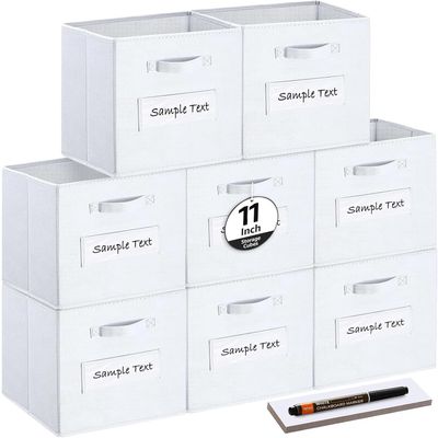artsdi Fabric storage cubes (Set of 8) 11 Inch Cube Storage Bin, Cube storage with 8 Labels Window Cards & a Pen, Foldable cube Organizer bins,11x11 Storage bin, Cubby Organizer Boxes, White