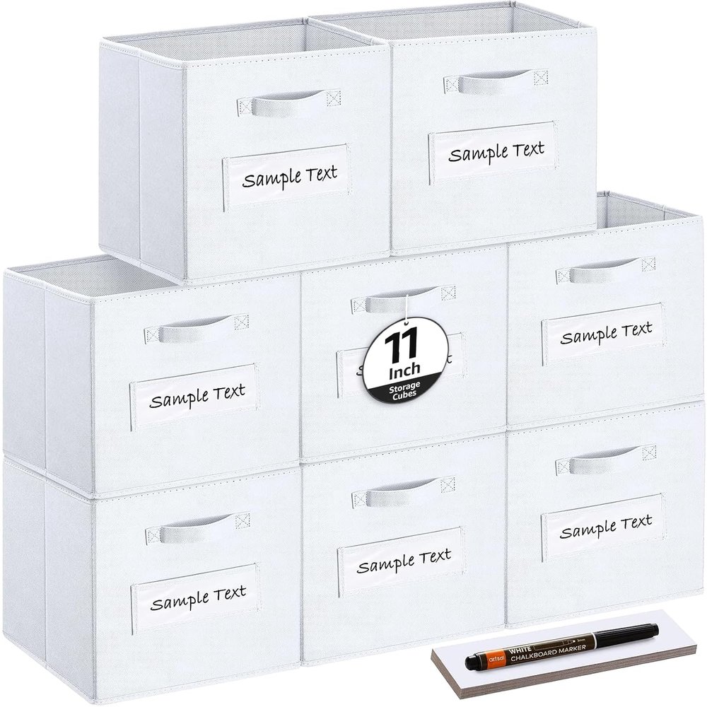 artsdi Fabric storage cubes (Set of 8) 11 Inch Cube Storage Bin, Cube storage with 8 Labels Window Cards & a Pen, Foldable cube Organizer bins,11x11 Storage bin, Cubby Organizer Boxes, White