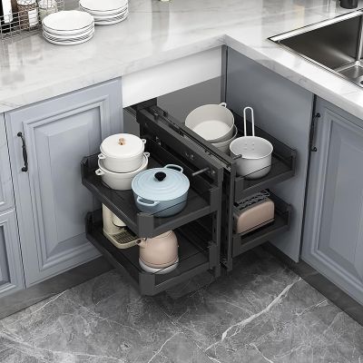 JJHYTRP Blind Corner Cabinet Pull Out Organizer, 2 Tier 4 Shelf Chrome Blind Corner Soft Close, Corner Kitchen Cabinet Pull Out Storage Rack Shelf